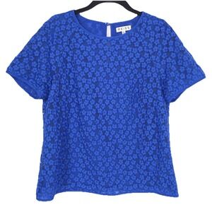 REISS Women's Top Size 4 Blue Floral Embroidered Lace Short Sleeve Blouse‎